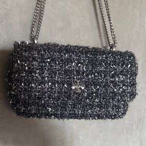 Tory Burch Black and Silver Tweed Shoulder Bag